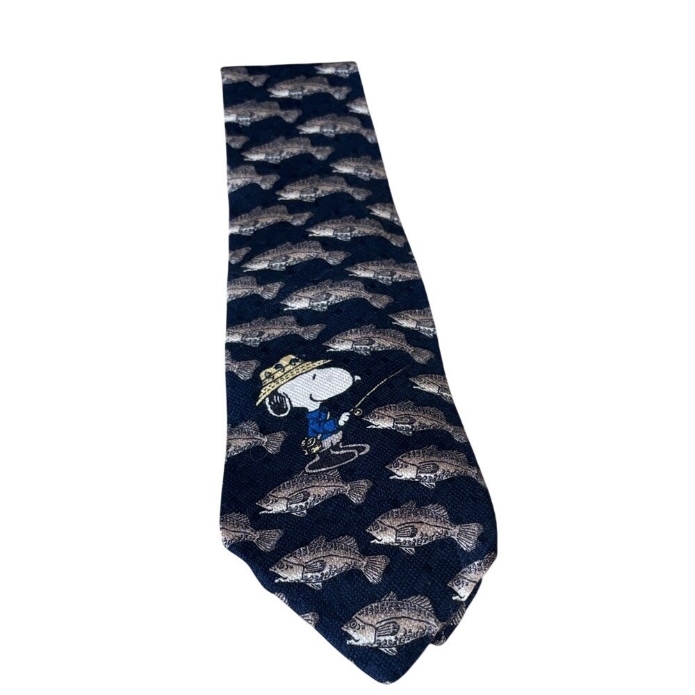 Vintage Peanuts Snoopy Fishing Necktie "Catch of the‎ Day" Silk Navy Blue GIFT